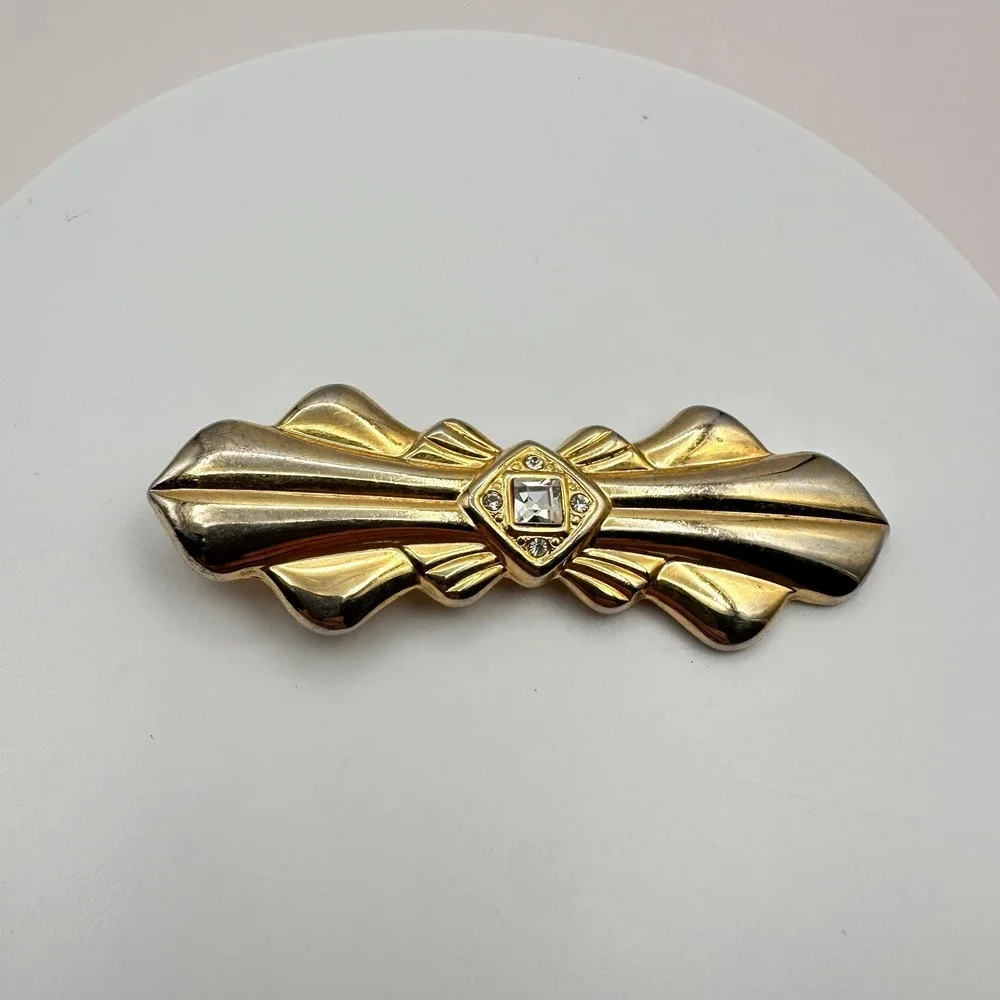 Vintage Rhinestone Bar Brooch Gold Tone Clear Crystal Statement Elegant Pin 90s